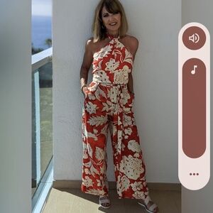 Floral Halter And Wide Leg Pants - Red and White